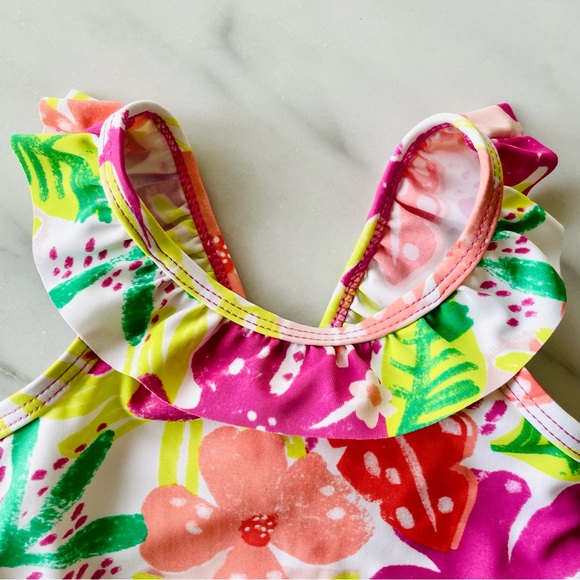 Carter’s•NWT•12m•1-Piece Floral Swimsuit•Ruffled Front+Straps~Bow•Diaper Snaps - Picture 2 of 12